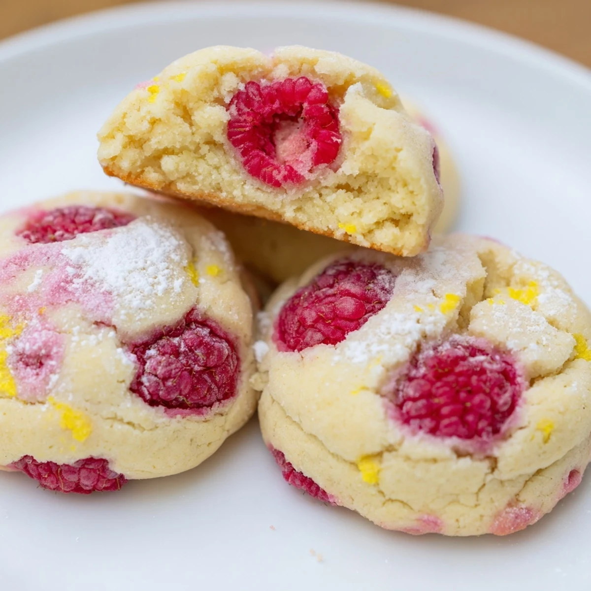 Chewy lemon raspberry cookies arranged on a white plate beside a refreshing glass of milk