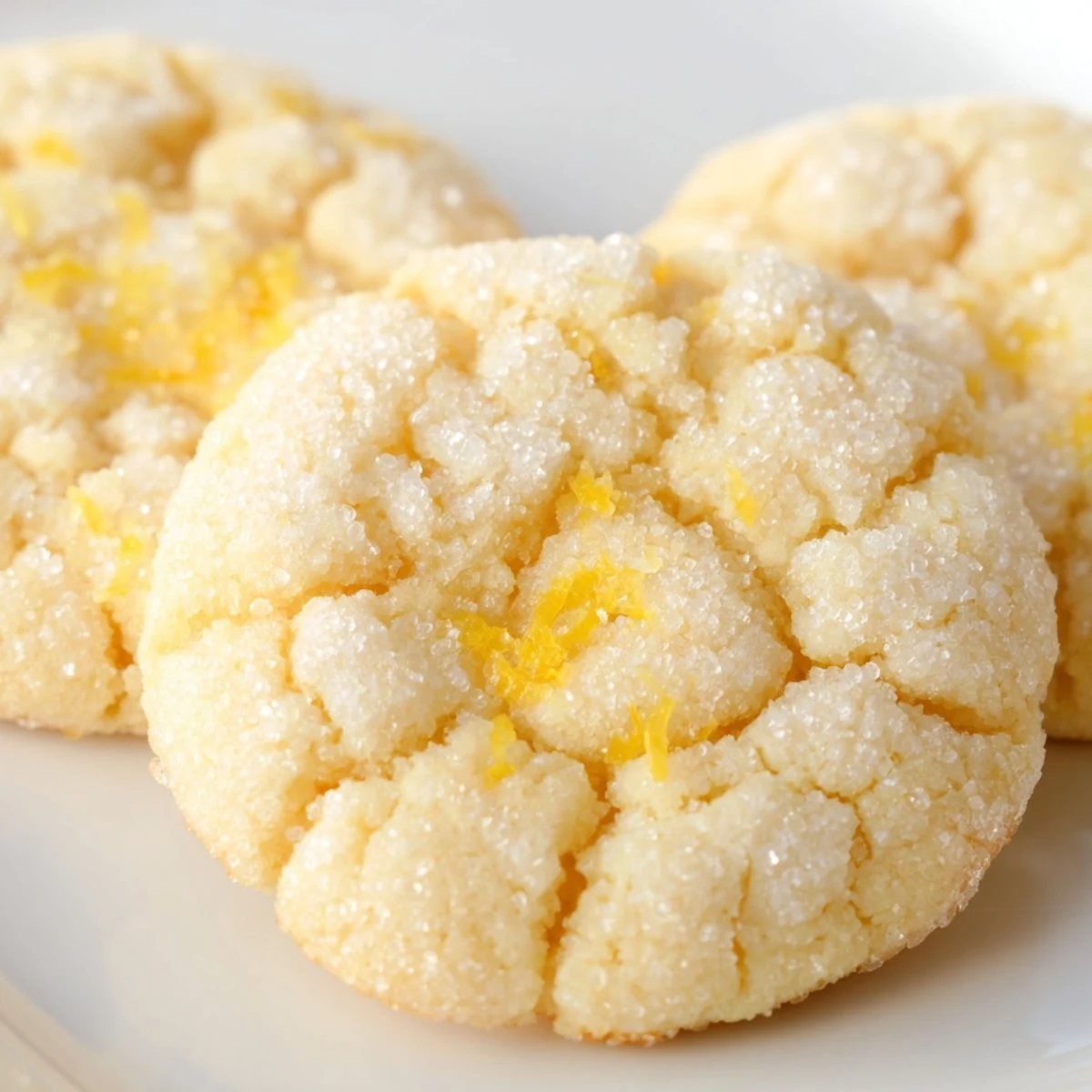 Chewy lemon sugar cookies arranged on rustic wooden board with citrus zest garnish.