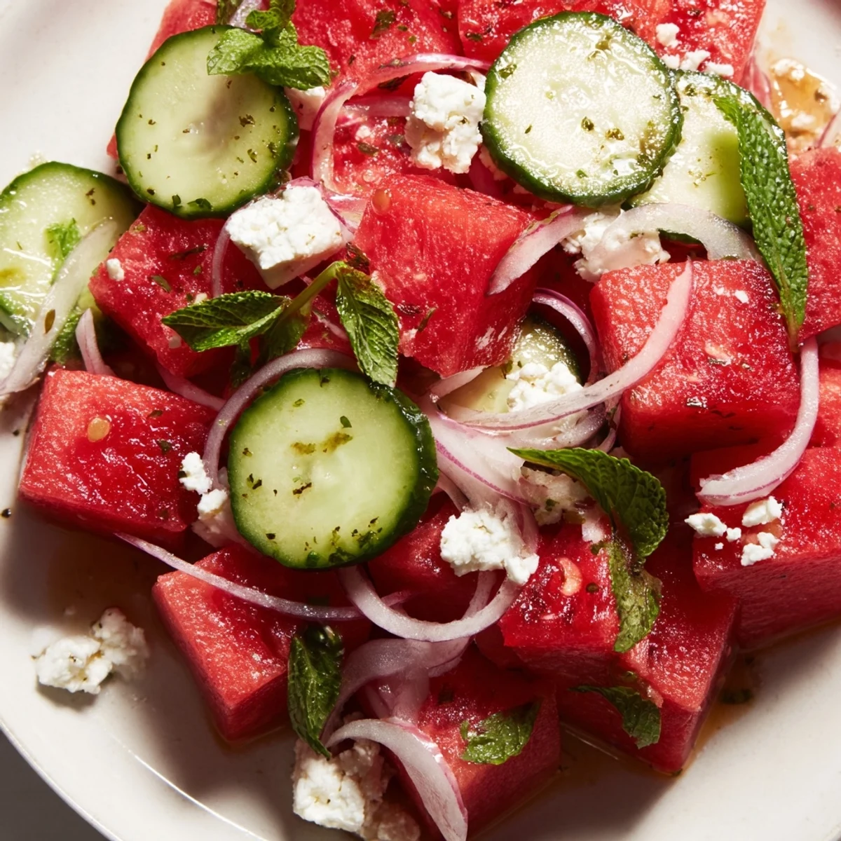 Refreshing watermelon feta salad with juicy red cubes, creamy cheese, and bright green mint leaves