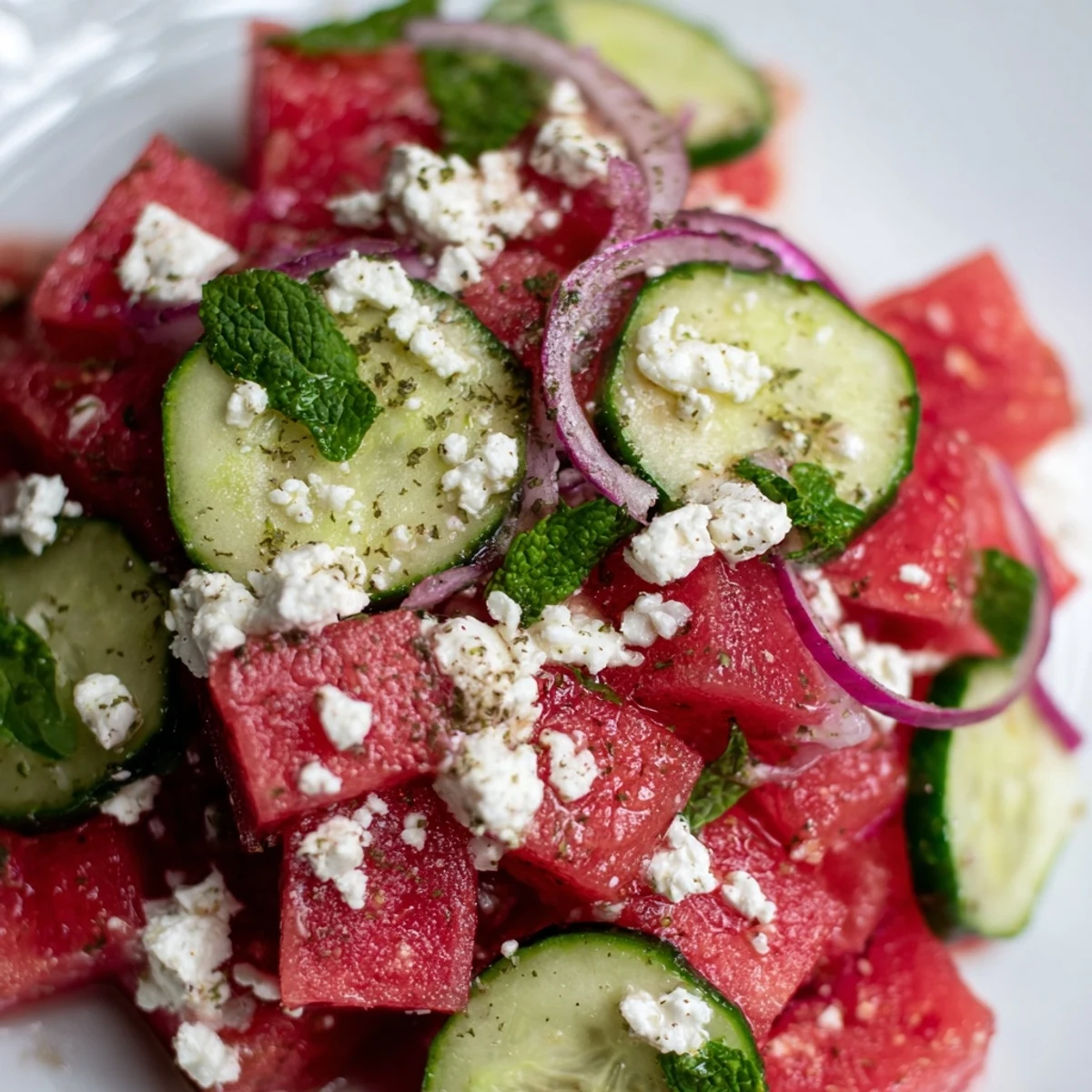 Chilled watermelon feta salad served in a white bowl with cucumber and fresh mint garnish