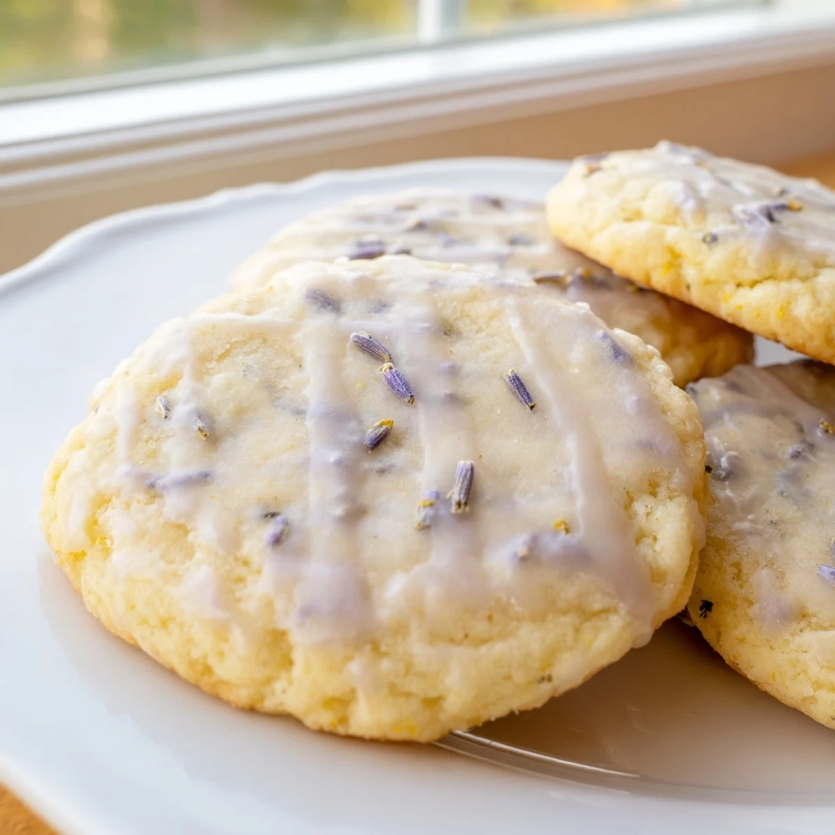 Chewy lemon lavender cookies drizzled with bright citrus glaze on a ceramic plate