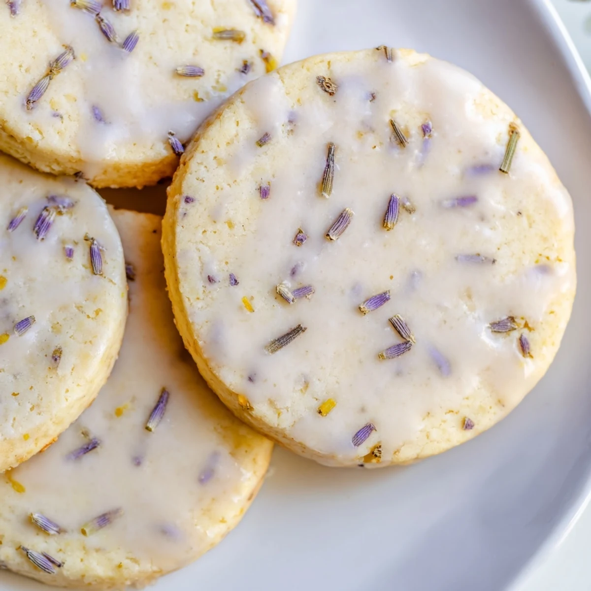 Crinkled lemon lavender cookies dotted with purple buds arranged beside a steaming teacup