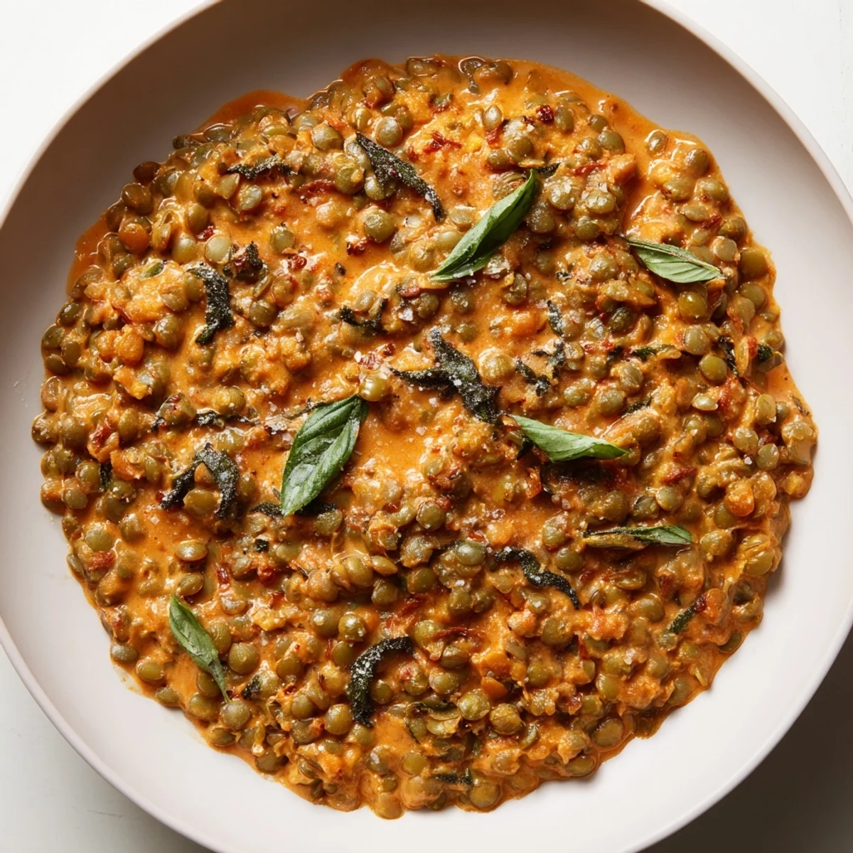 Creamy Marry Me Lentils in velvety sun-dried tomato sauce topped with fresh basil garnish