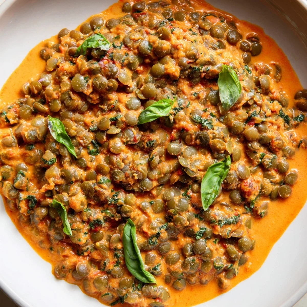 Warm bowl of Creamy Marry Me Lentils with golden Parmesan melted throughout the sauce
