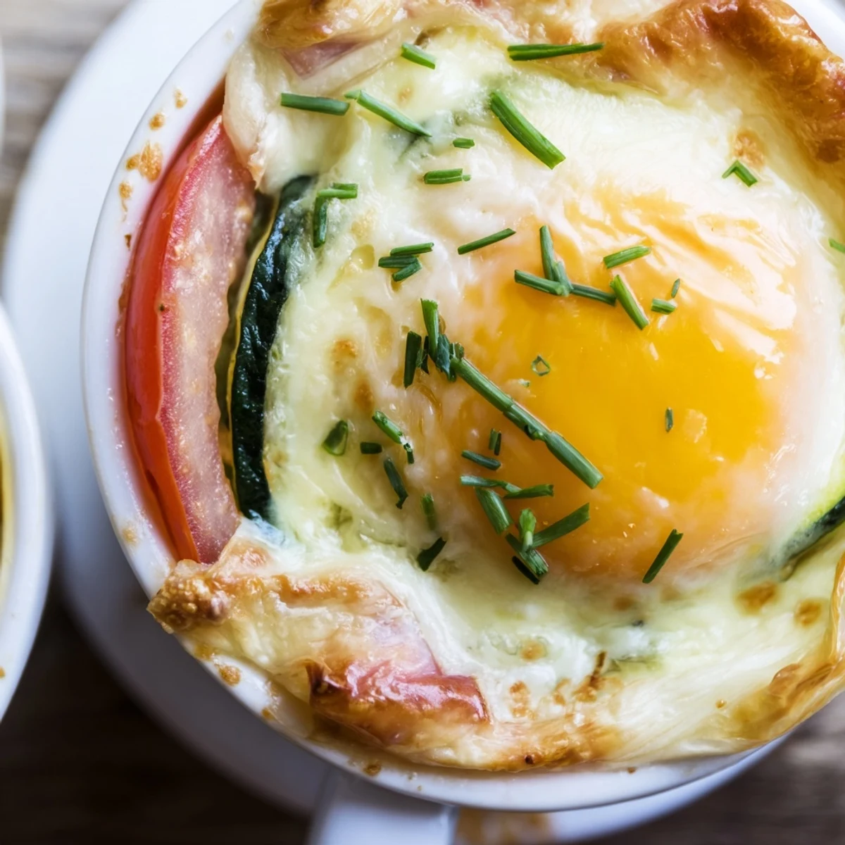 Golden baked eggs Napoleon with runny yolks nestled in creamy Gruyère sauce and vegetables