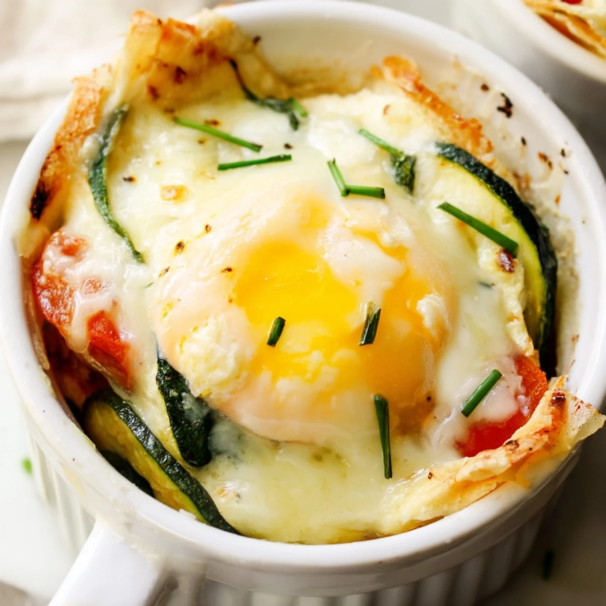 Elegant baked eggs Napoleon layered with ham spinach and melted cheese in ramekins