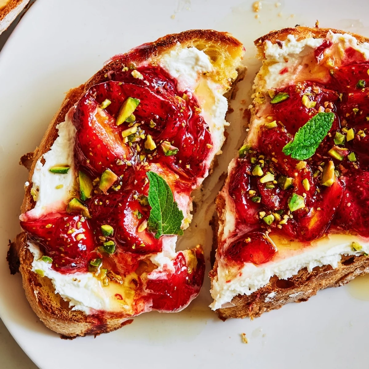 Creamy whipped ricotta toast topped with sweet roasted strawberries on crispy golden sourdough bread