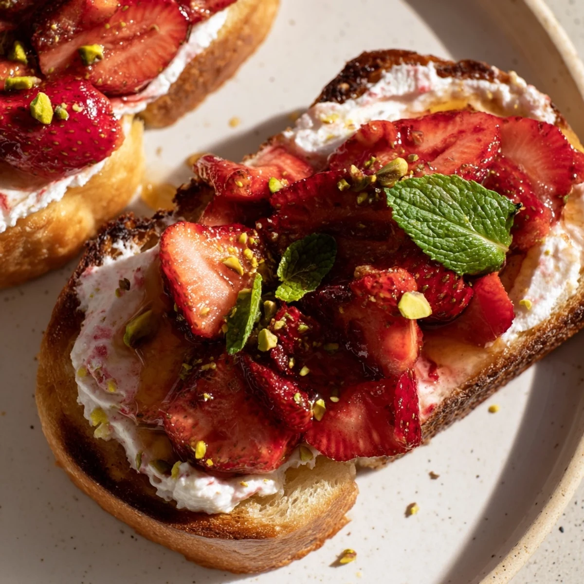 Roasted strawberry whipped ricotta toast on rustic bread drizzled with honey and fresh mint