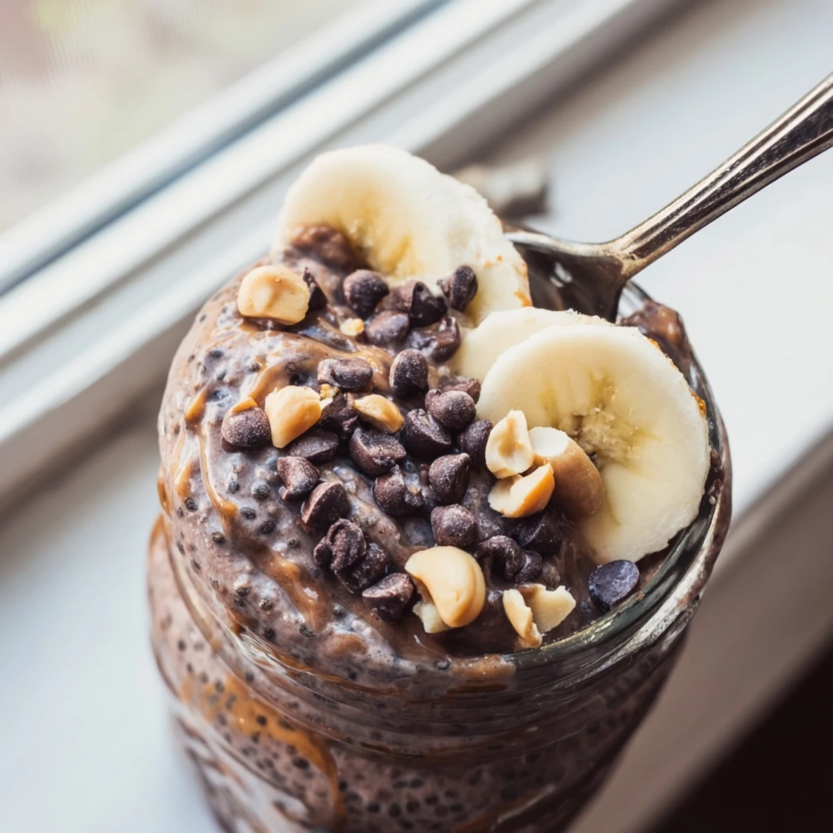 Creamy chocolate peanut butter overnight oats topped with mini chips and chopped peanuts in a jar