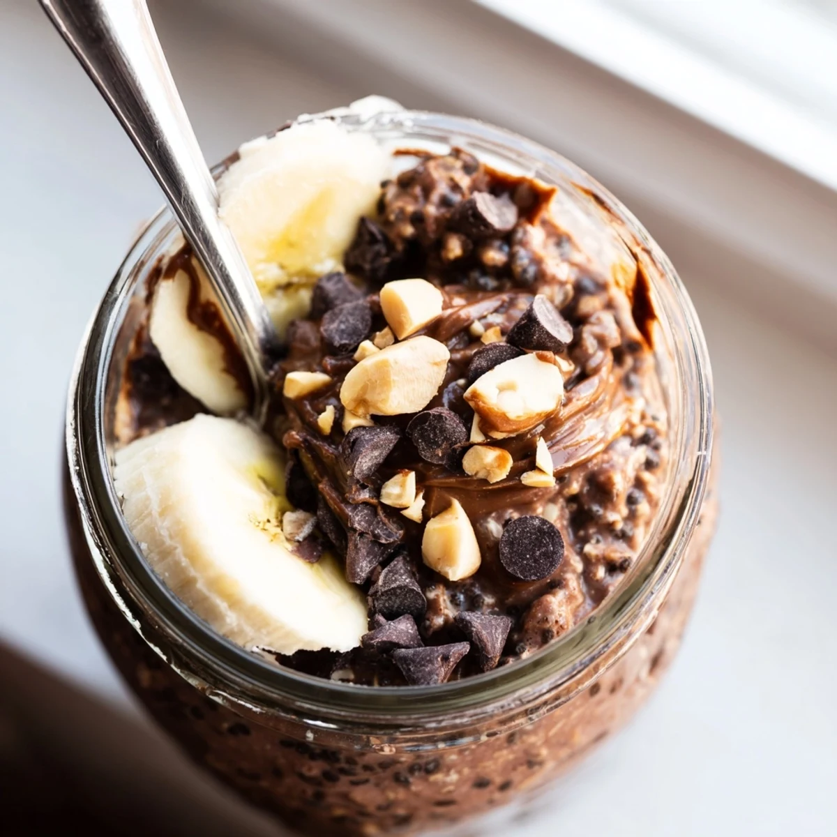 Rich chocolate peanut butter overnight oats served chilled in a mason jar with fresh banana slices