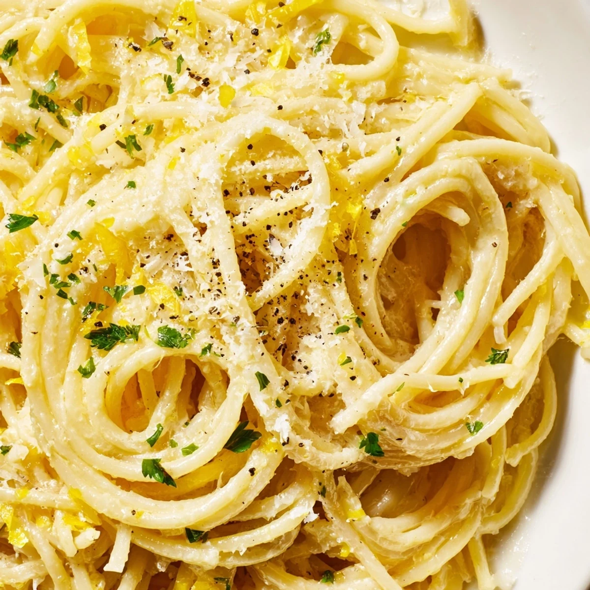 Creamy Parmesan Lemon Pasta twirled in a skillet with fresh herbs and cracked black pepper