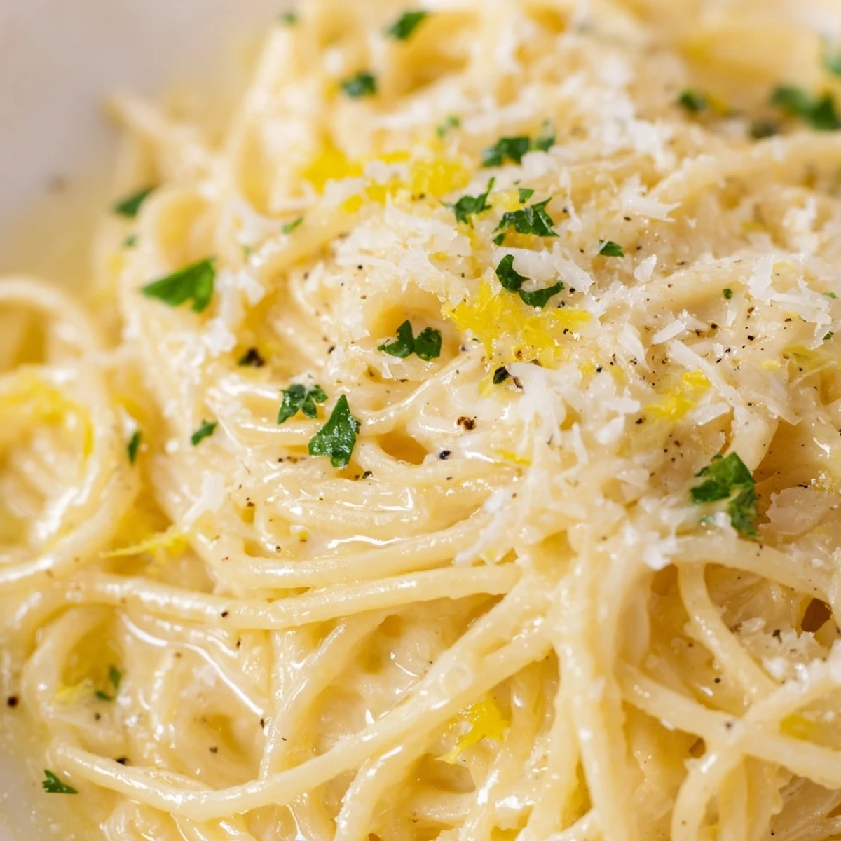 Golden spaghetti coated in zesty Parmesan Lemon Pasta sauce with bright citrus notes