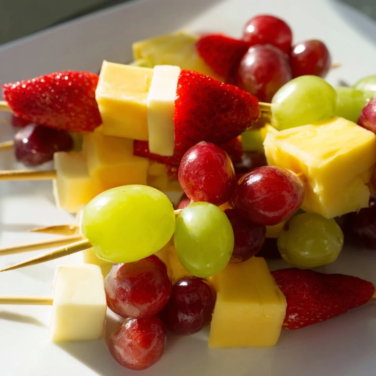 Colorful fruit and cheese kabobs arranged on a platter with vibrant grapes strawberries and pineapple