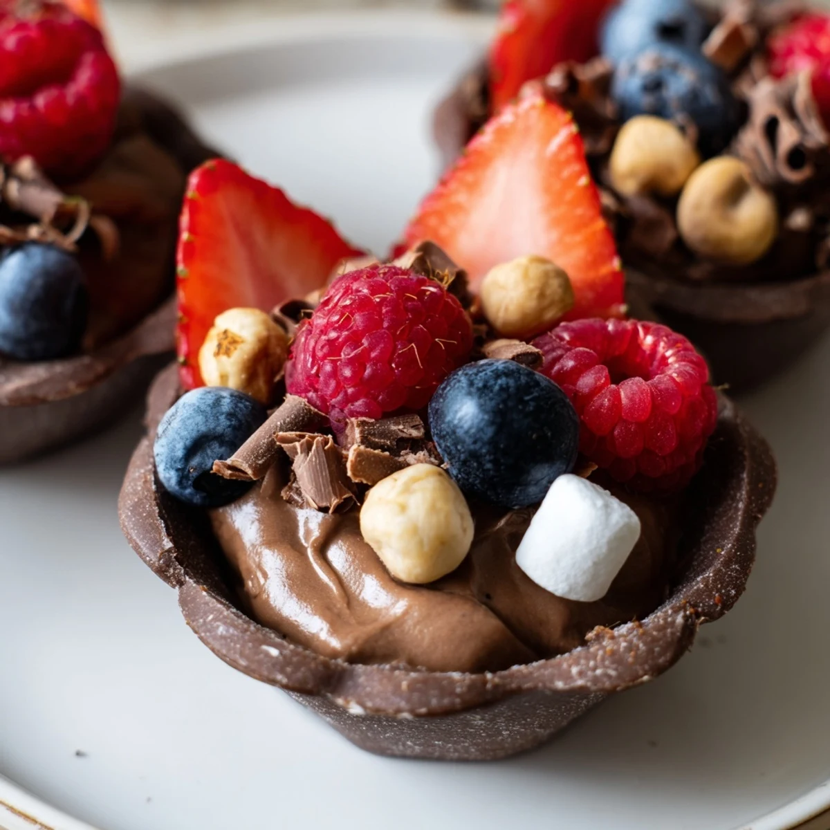 Decadent chocolate grazing cups filled with silky mousse and topped with fresh berries