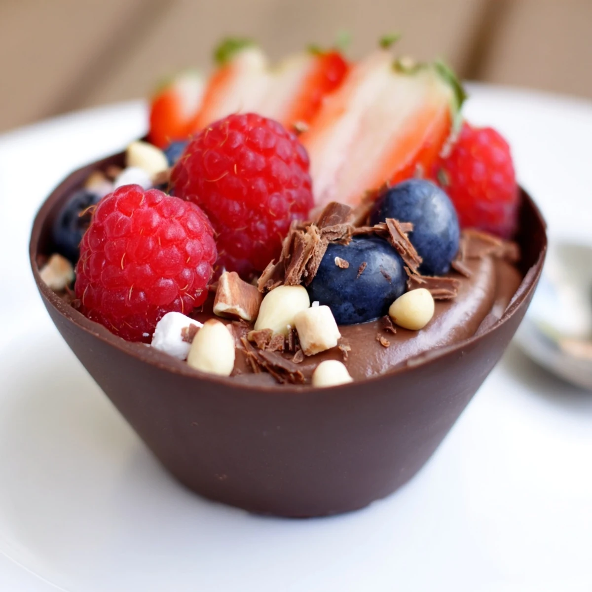 Rich chocolate mousse cups garnished with berries nuts and chocolate curls