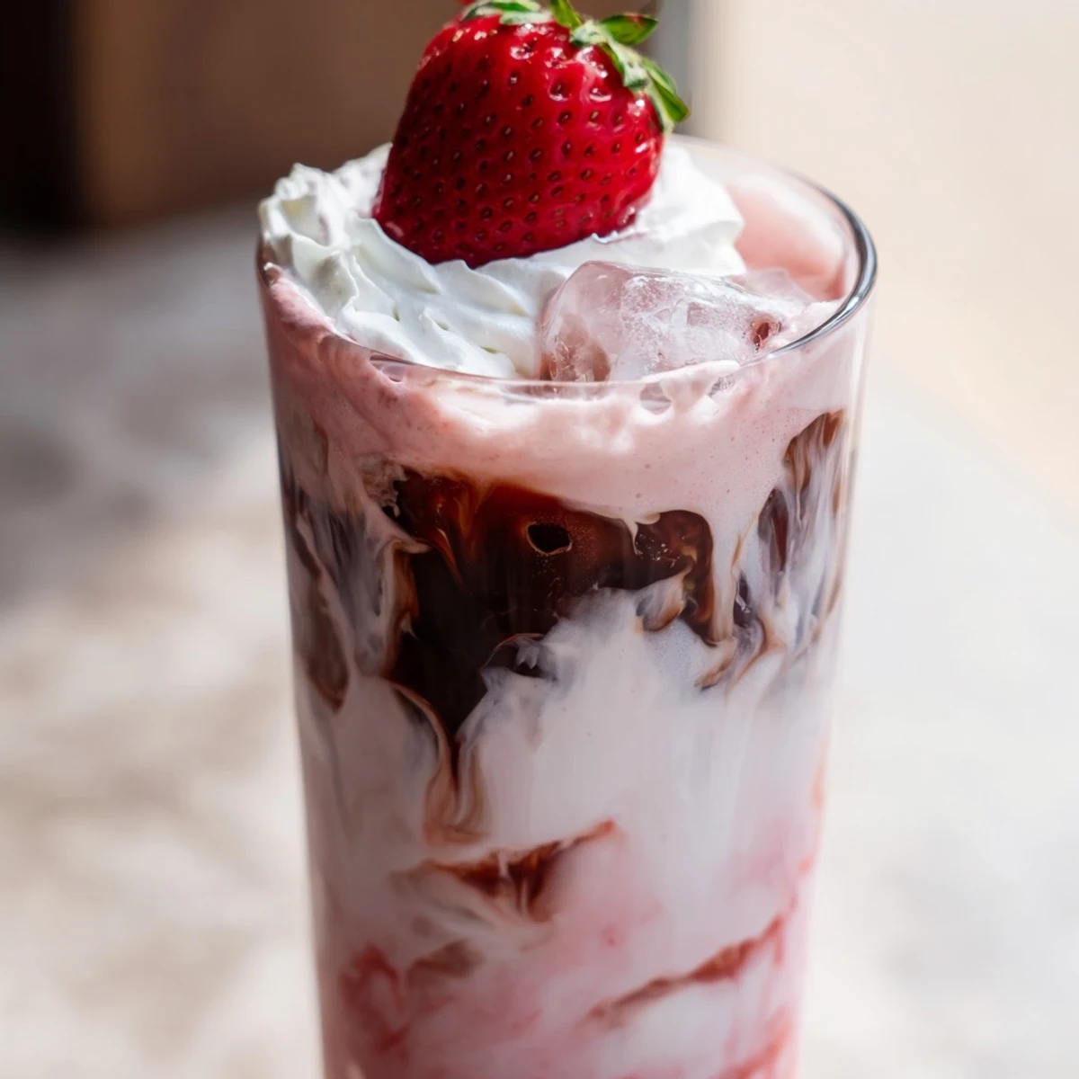 Iced strawberry cream latte with swirled pink puree and cold brew coffee over ice cubes