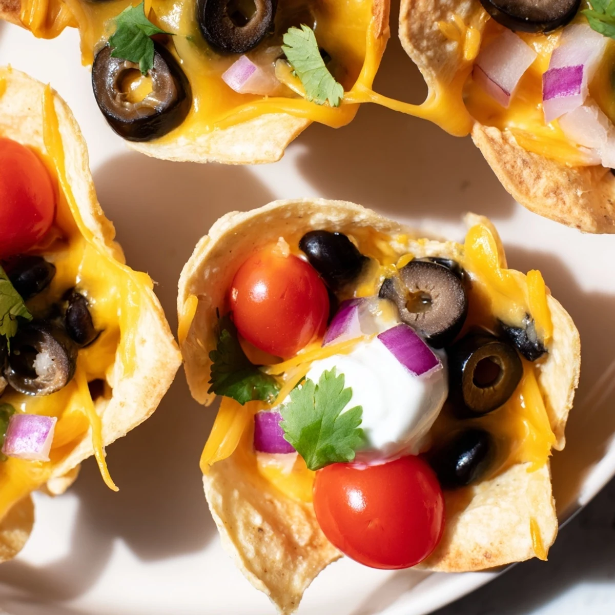 Golden cheesy nacho cups bubbling with melted cheddar and colorful fresh toppings in muffin tin