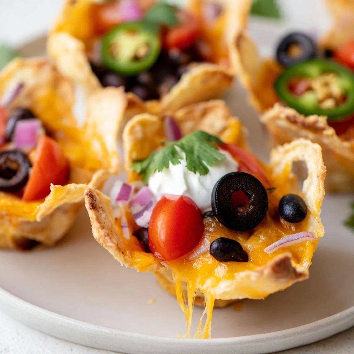 Crispy tortilla cups overflowing with gooey Monterey Jack cheese beans tomatoes and jalapeño slices