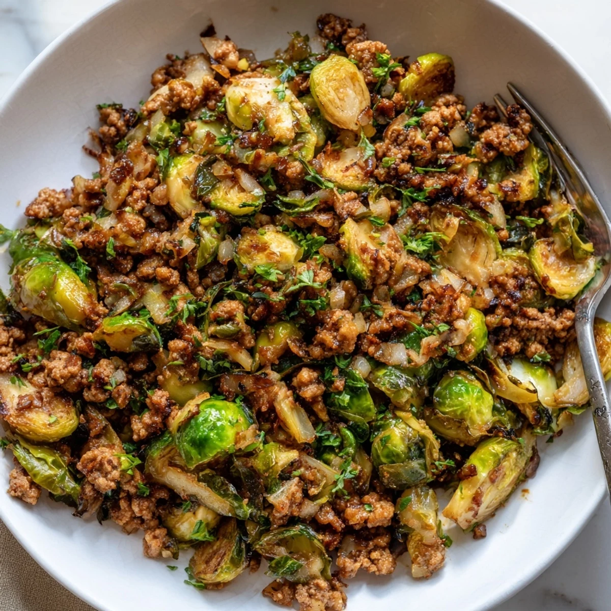 Golden caramelized ground beef and Brussels sprouts sizzle in a cast iron skillet.