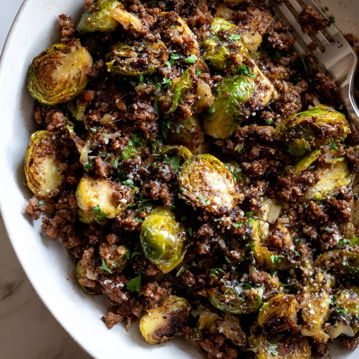 Hearty ground beef and Brussels sprouts skillet garnished with fresh parsley and Parmesan.