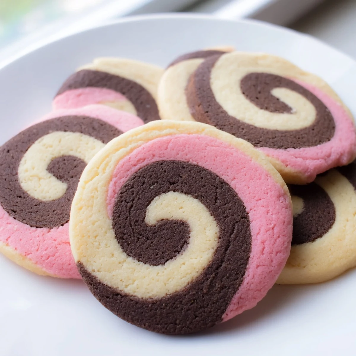 Neapolitan Swirl Cookies with pink, brown, and cream spirals arranged on a rustic white serving plate