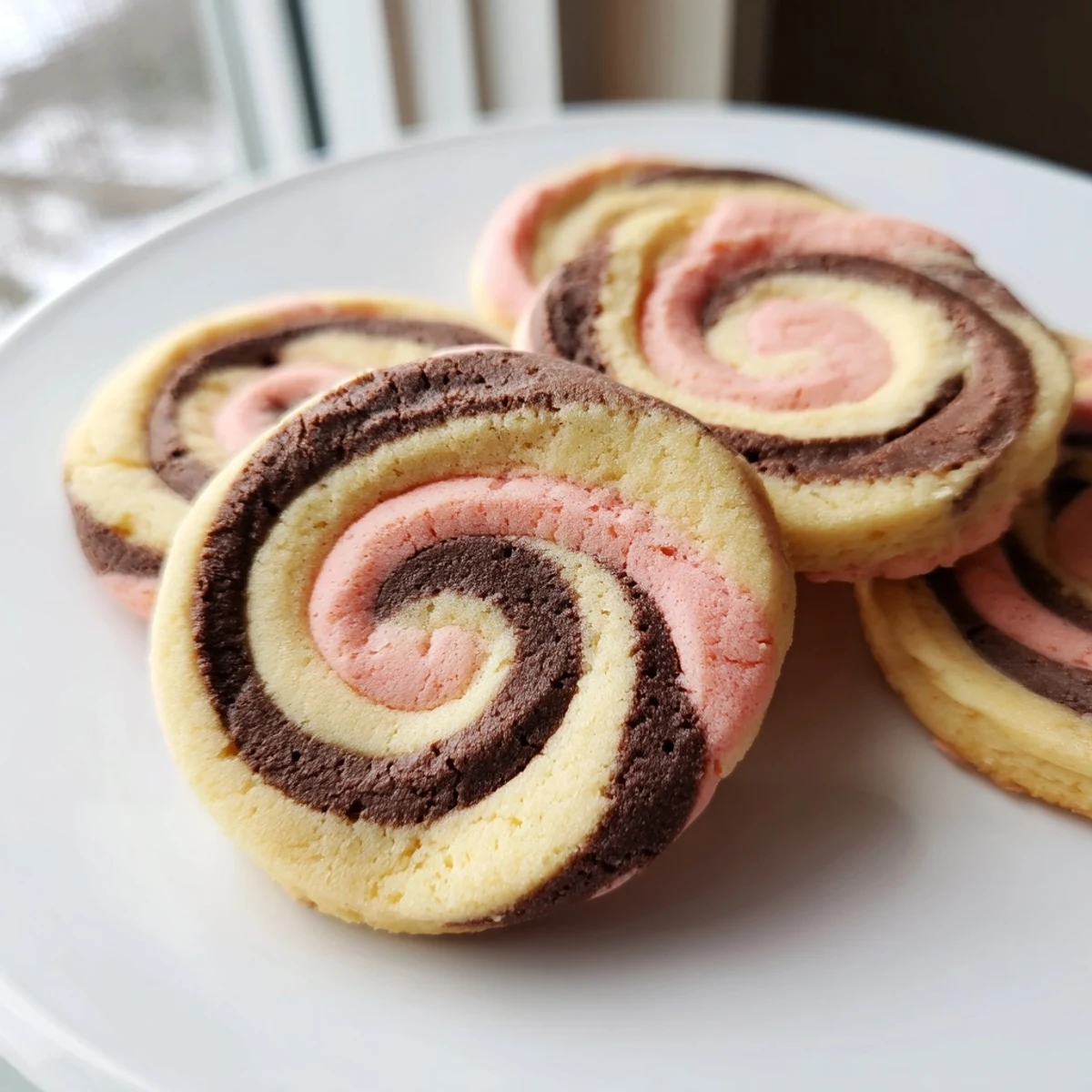 Soft Neapolitan Swirl Cookies showcasing tri-color pinwheel designs fresh from the oven on parchment paper