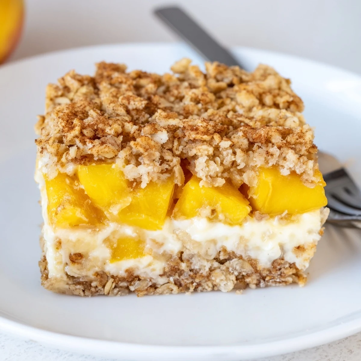 Golden Peaches And Cream Crumble Bars sliced on a rustic parchment-lined baking sheet