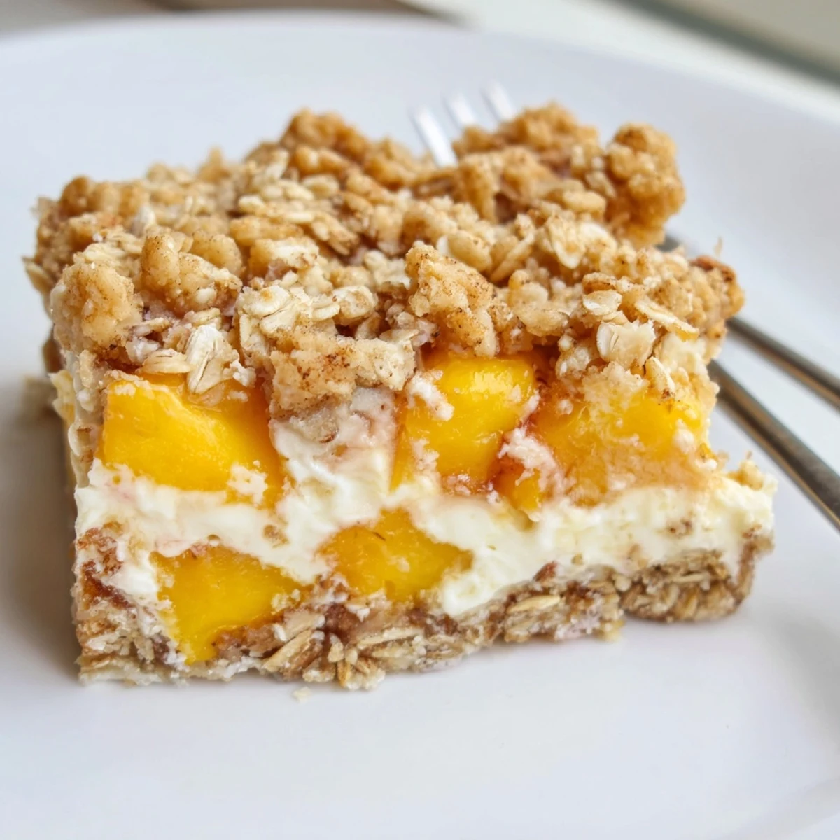Creamy Peaches And Cream Crumble Bars with juicy fruit oozing between buttery oat layers