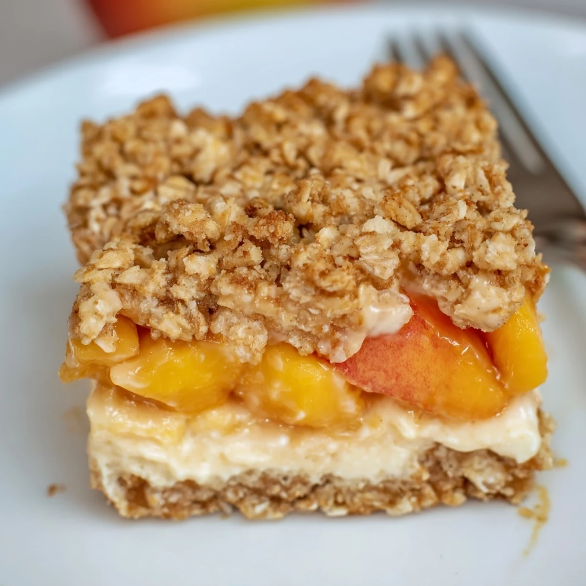 Chilled Peaches And Cream Crumble Bars topped with a scoop of vanilla ice cream