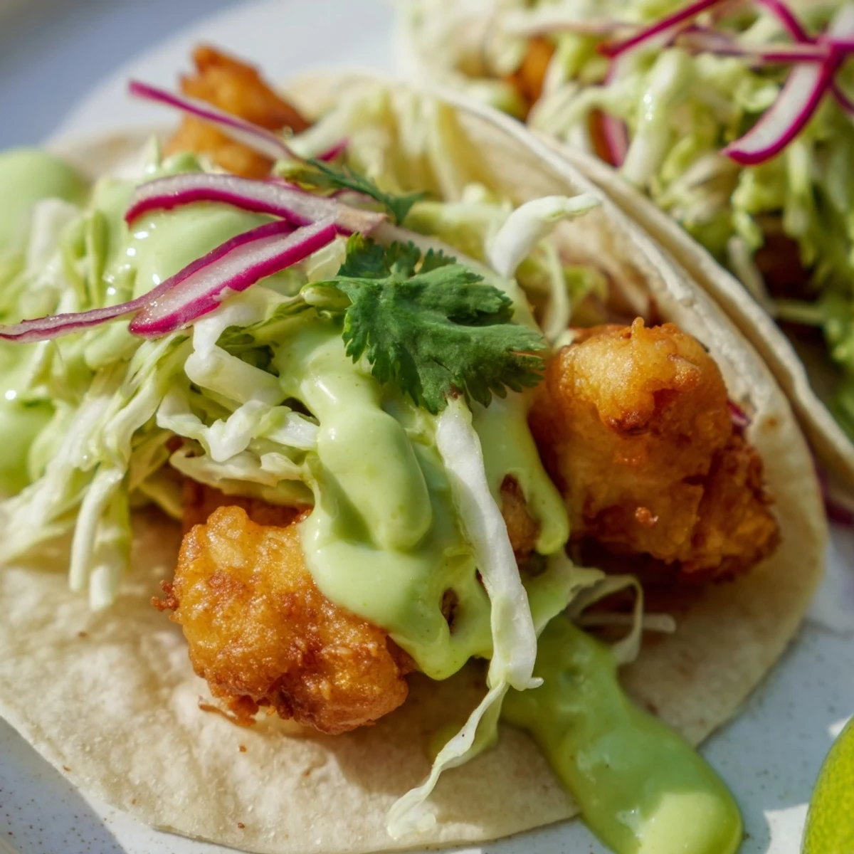 Golden crispy Baja fish tacos drizzled with creamy avocado crema on warm corn tortillas