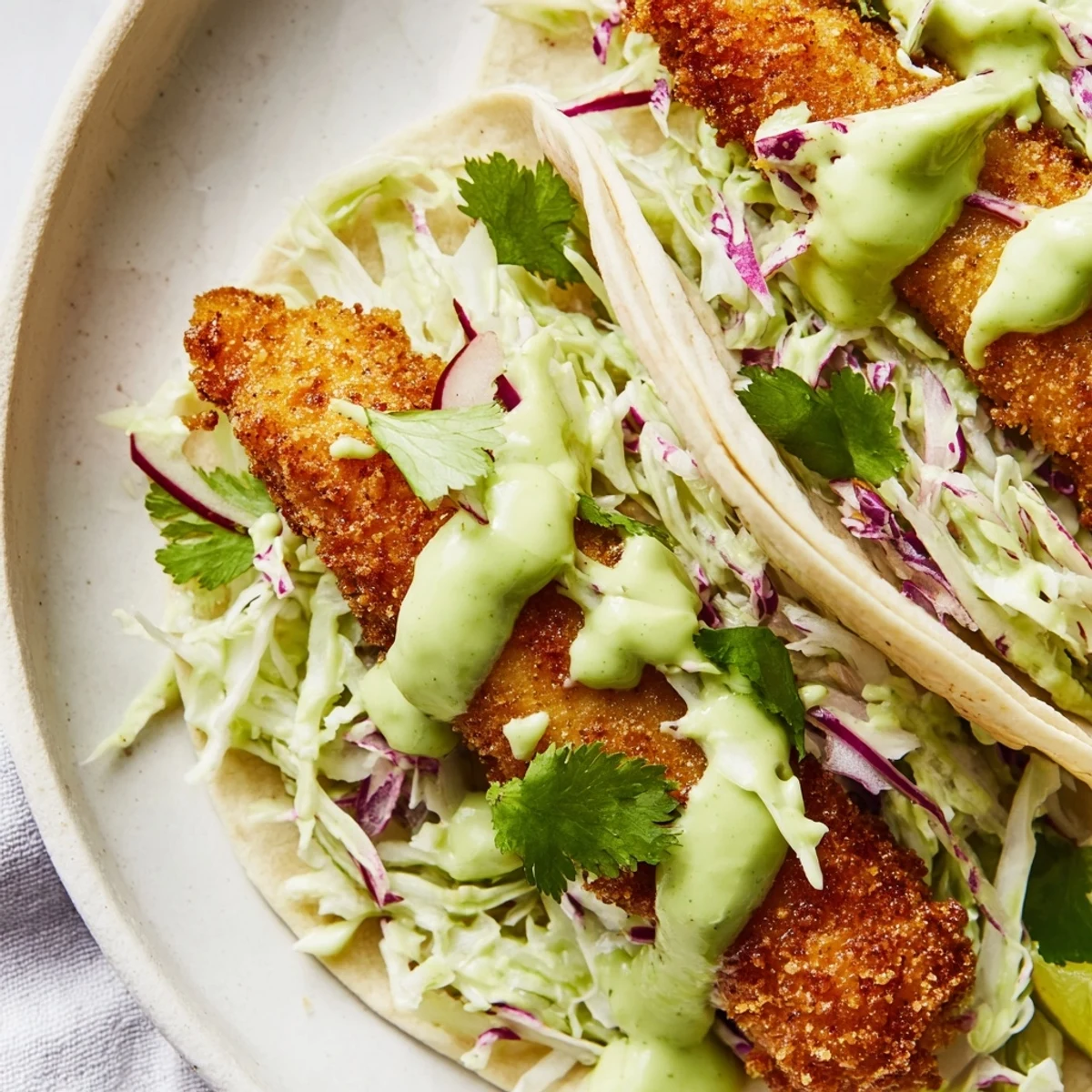 Baja fish tacos topped with vibrant cabbage slaw and rich avocado crema