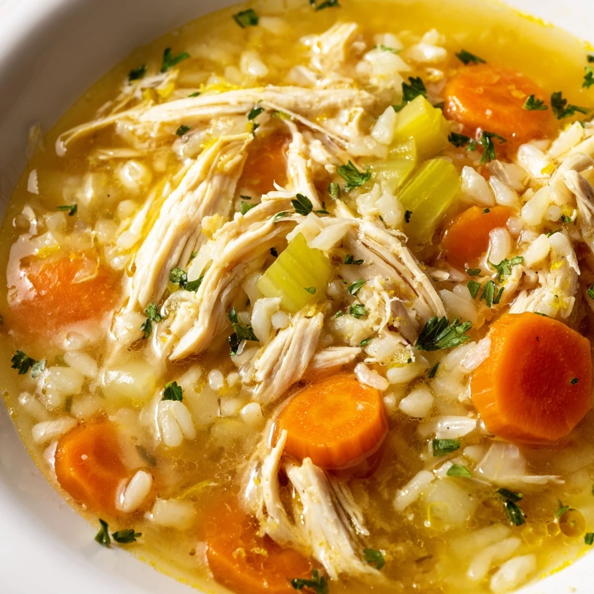 Steaming bowl of Crockpot Lemon Chicken Soup garnished with fresh parsley and lemon slices