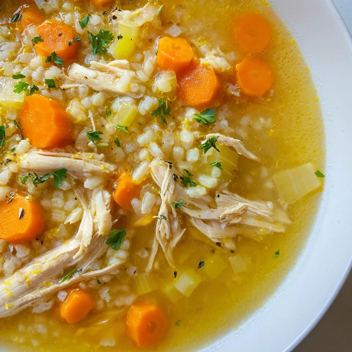 Shredded chicken and tender vegetables in golden Crockpot Lemon Chicken Soup ready to serve