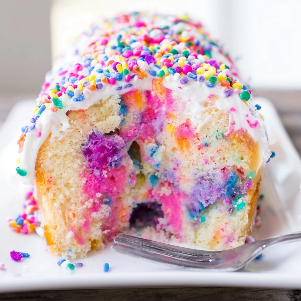 Colorful Unicorn Poke Cake slice revealing vibrant rainbow pudding layers beneath fluffy whipped topping