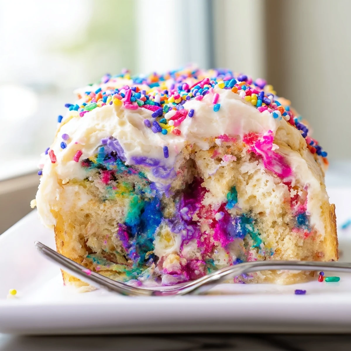 Unicorn Poke Cake topped with swirled whipped frosting and bright rainbow sprinkles in a baking pan