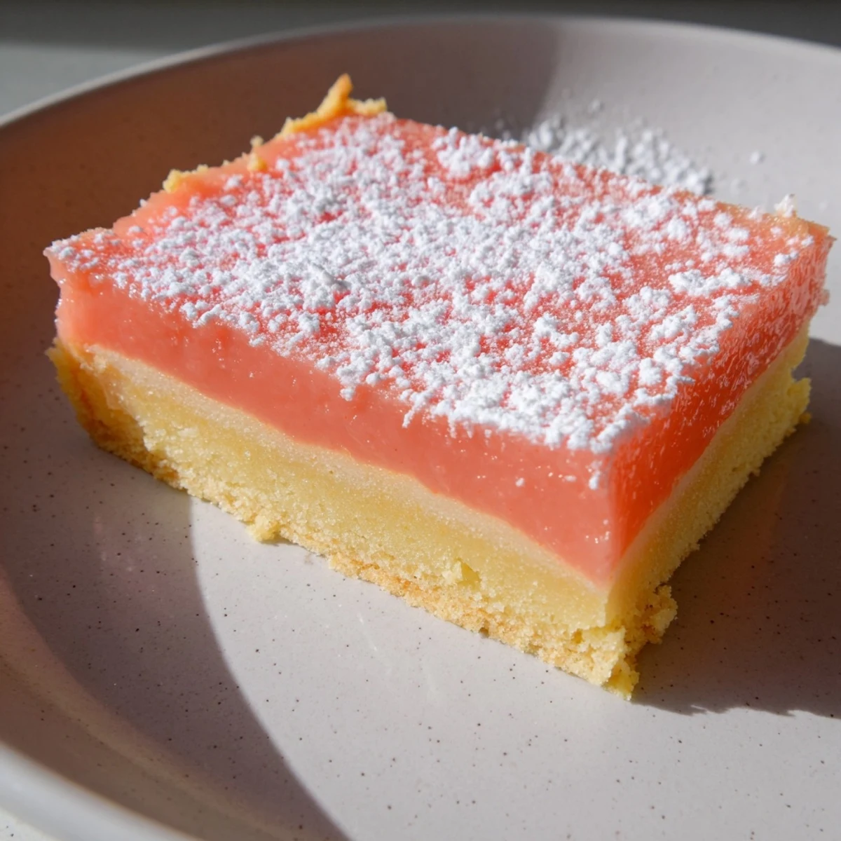 Grapefruit bars with pink custard on a buttery shortbread crust, dusted with powdered sugar
