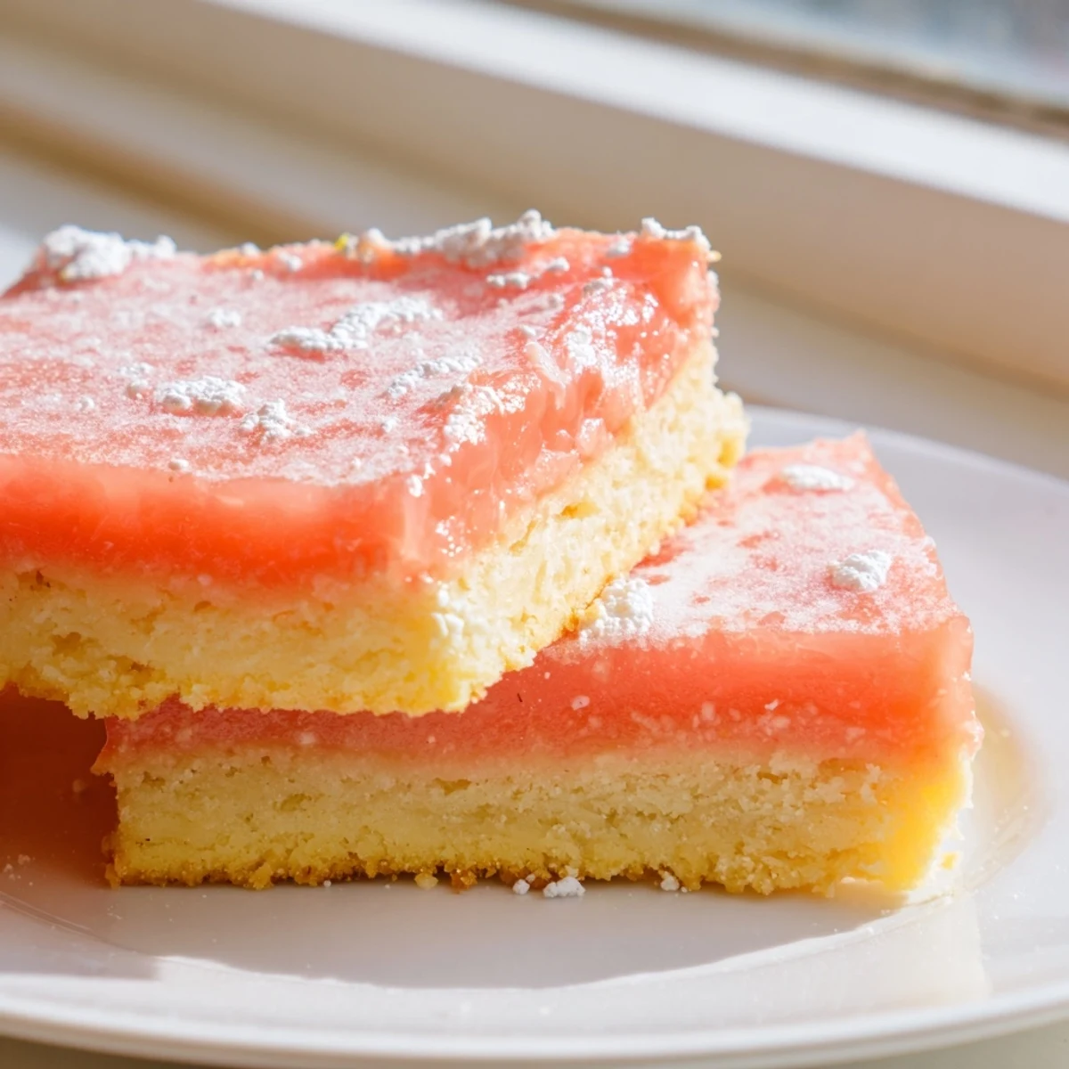 Tangy grapefruit bars sliced into squares, showing vibrant citrus filling atop golden crust