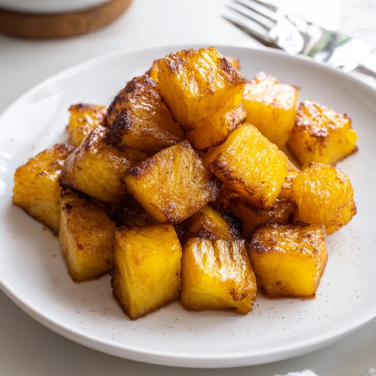 Golden caramelized air fryer pineapple chunks with crispy edges on a rustic plate