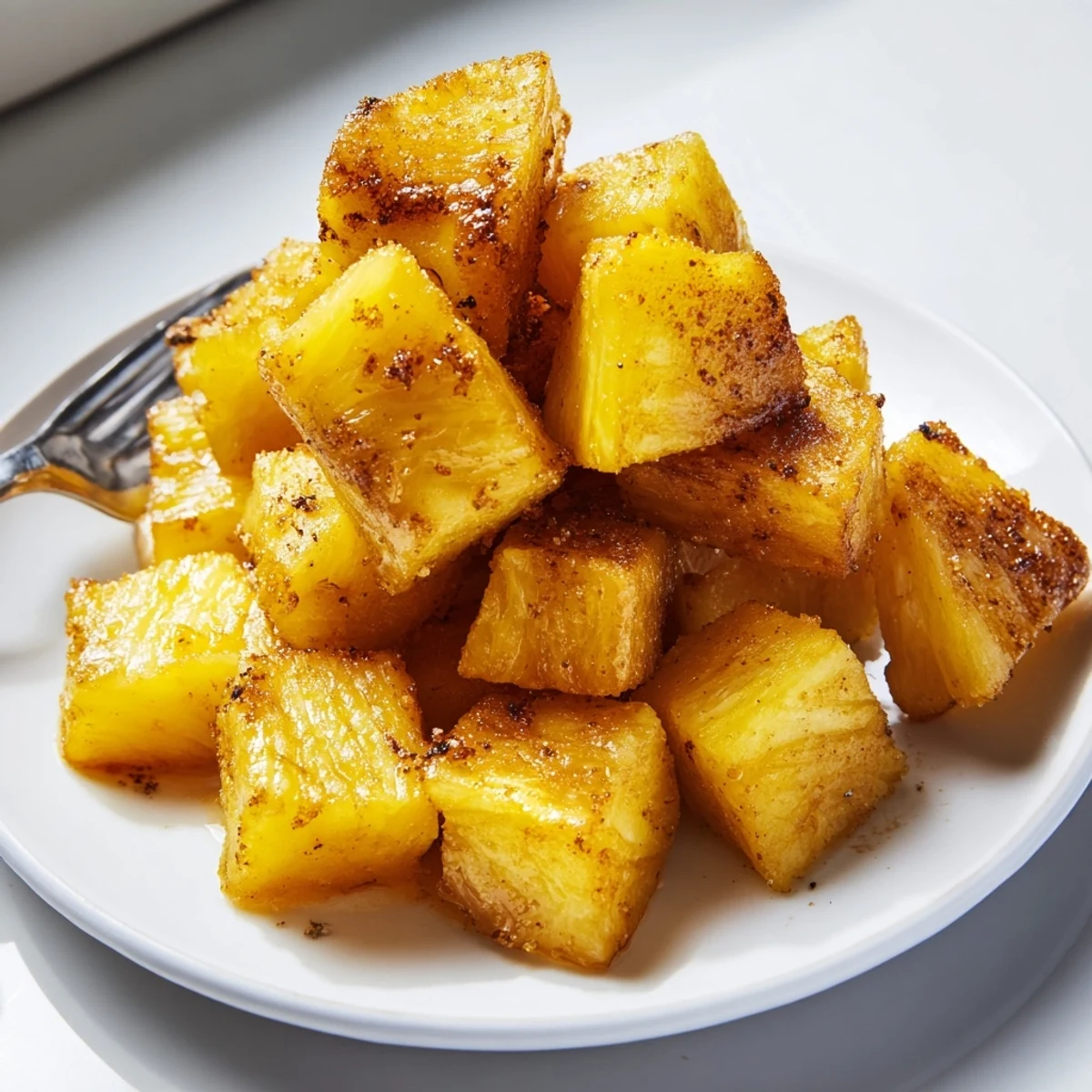 Sweet cinnamon-dusted air fryer pineapple chunks served warm over creamy vanilla yogurt