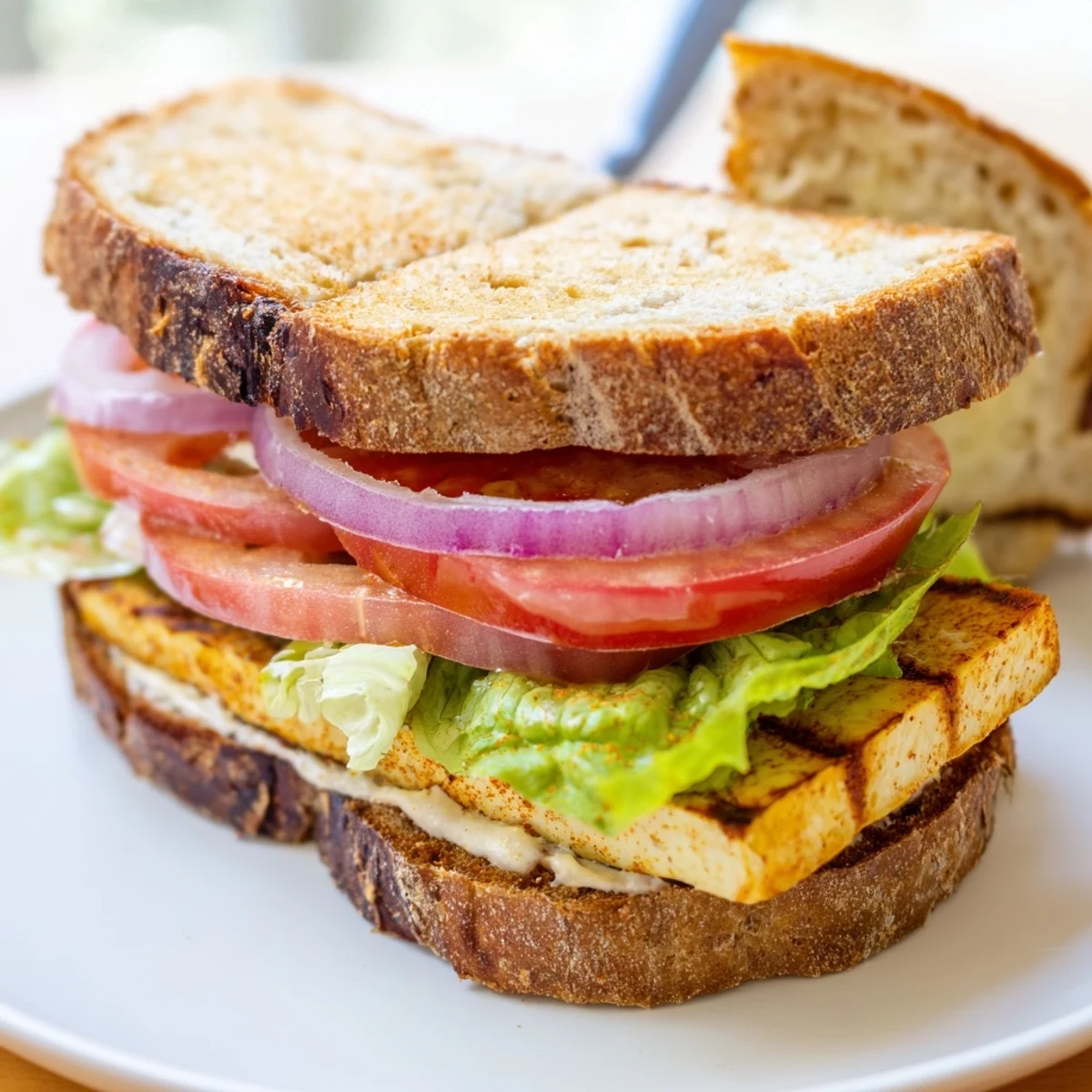 Smoky Tofu TLT Sandwich served on toasted sourdough with crisp lettuce and juicy red tomato slices