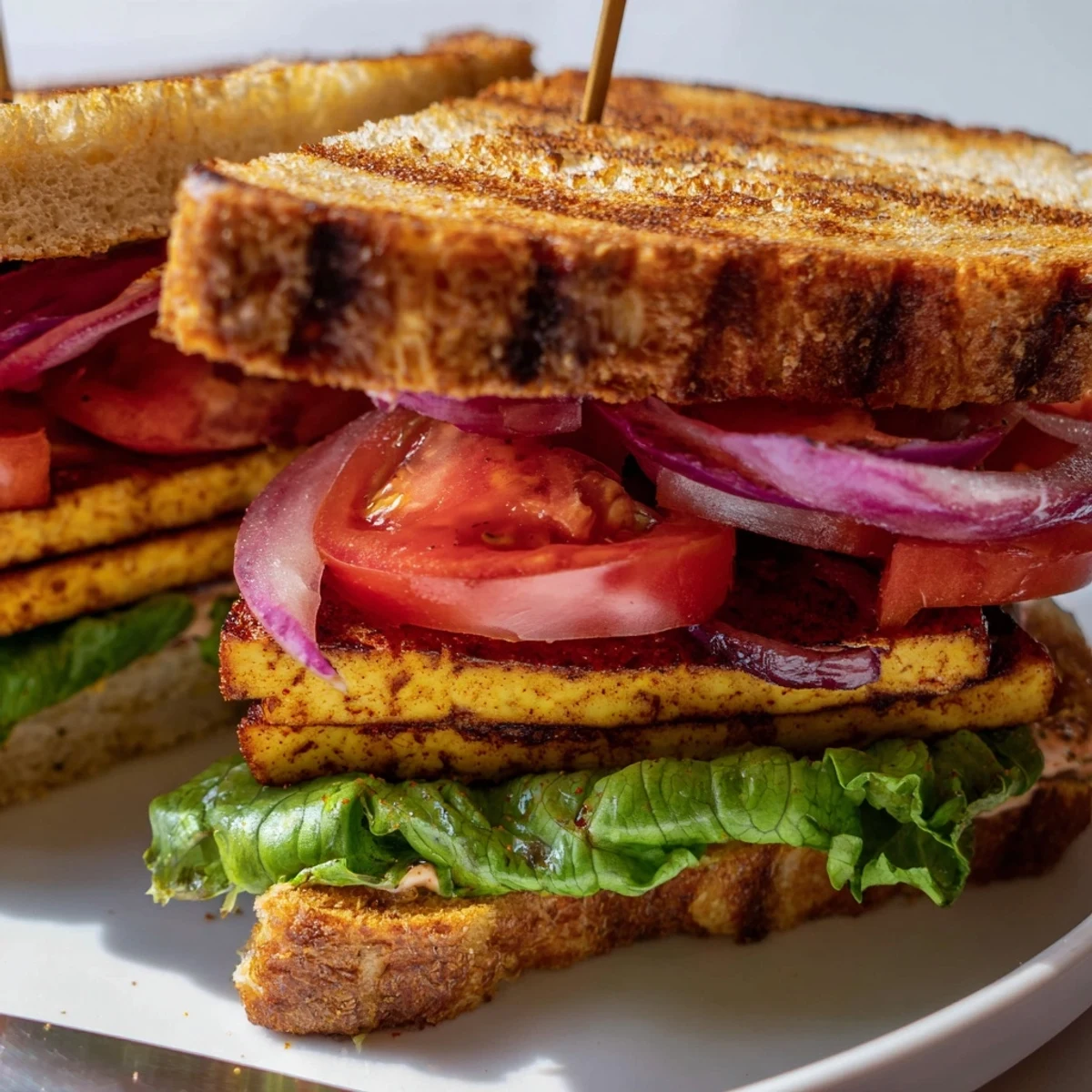 Vegan TLT Sandwich featuring charred smoky tofu steak nestled between crunchy lettuce and thick tomato rounds