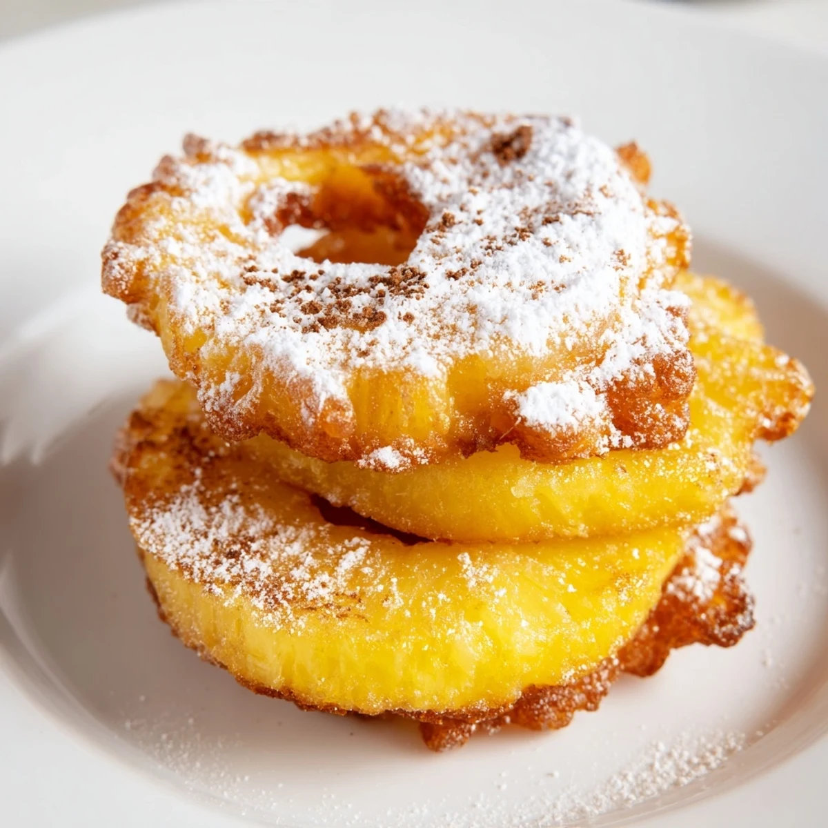 Crispy golden fried pineapple rings dusted with powdered sugar on a rustic plate