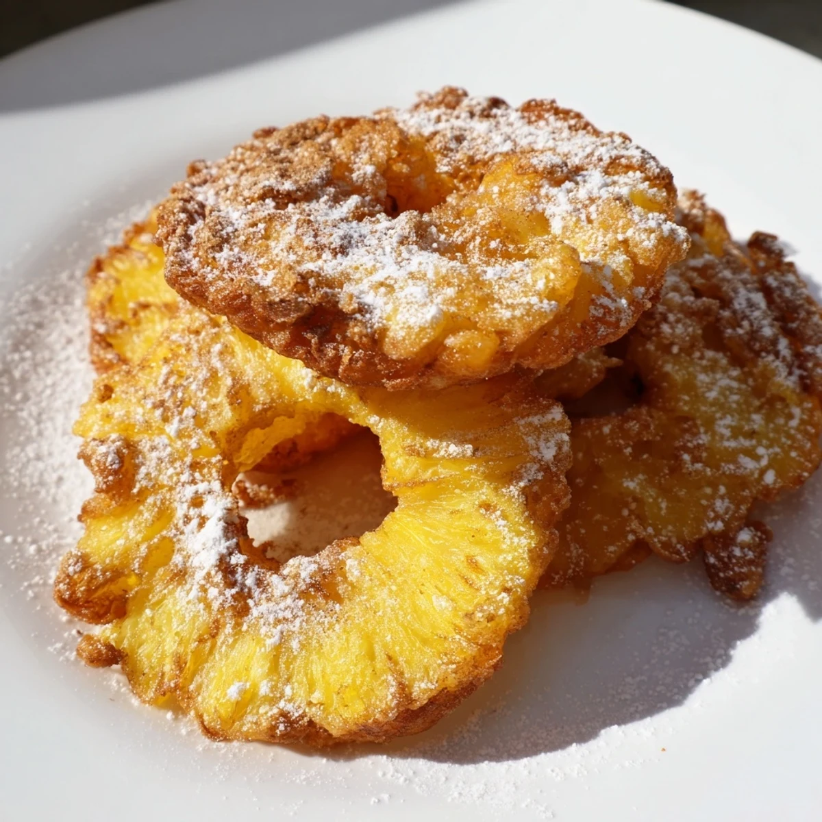 Batter-dipped fried pineapple rings glistening with a crunchy golden brown coating