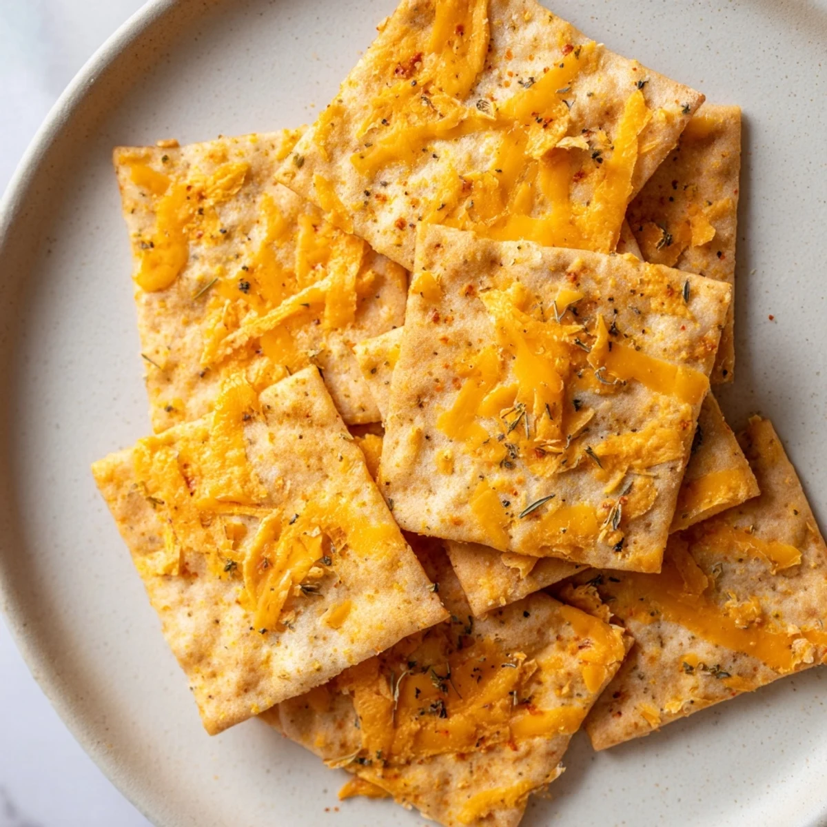 Golden taco crackers with melted cheddar and oregano on a parchment-lined baking sheet