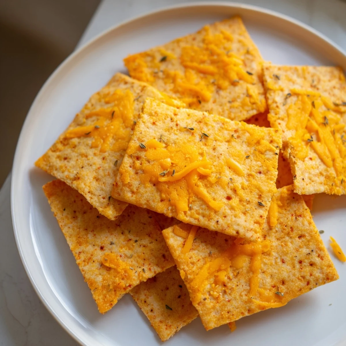 Crunchy taco crackers arranged in a bowl beside fresh salsa and guacamole