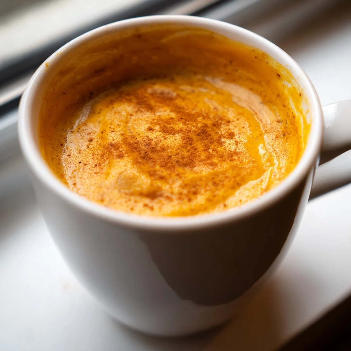 Creamy Goguma Latte topped with cinnamon in a cozy mug on a wooden table