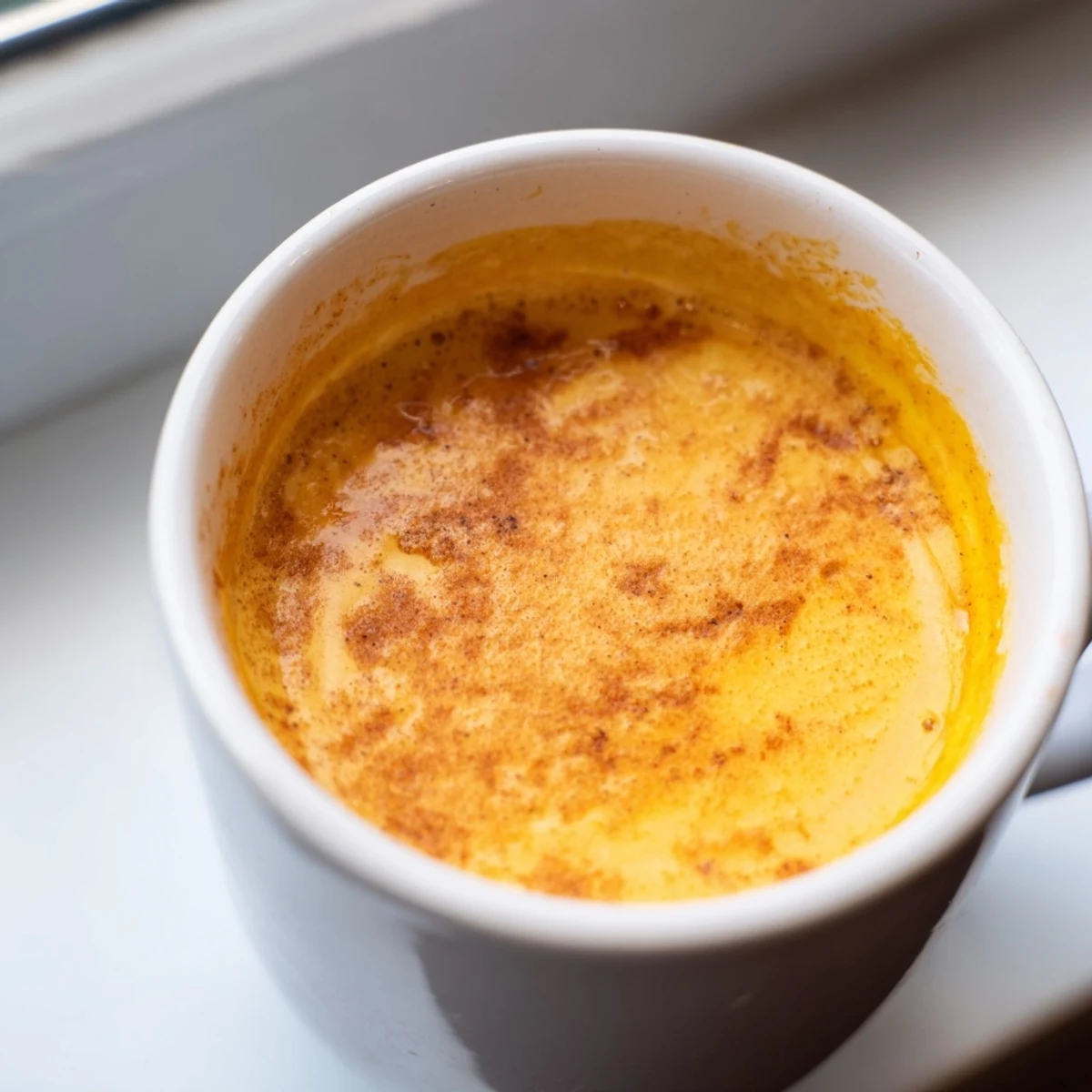 Smooth Korean sweet potato latte poured into two mugs with a dusting of nutmeg