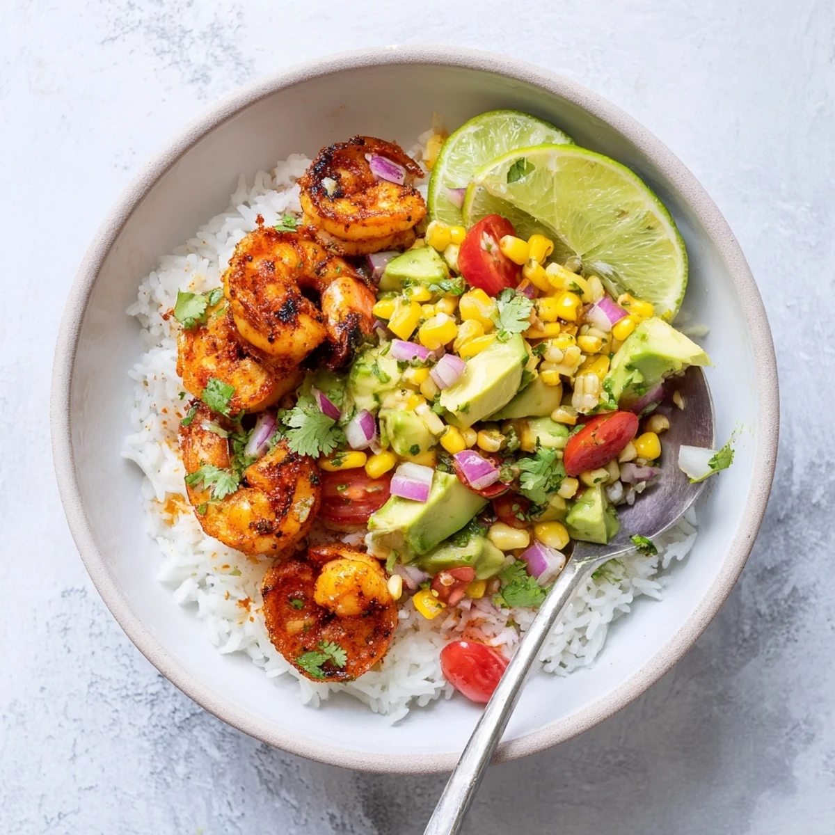 Charred grilled shrimp bowl with avocado corn salsa over fluffy white rice