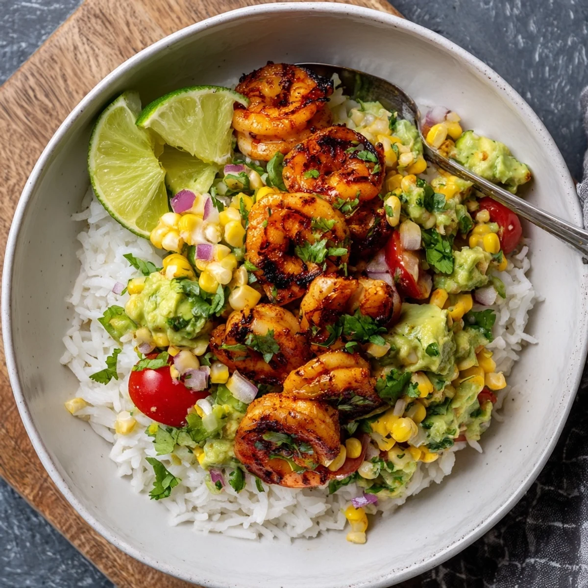 Sizzling grilled shrimp bowl with avocado corn salsa garnished with fresh cilantro
