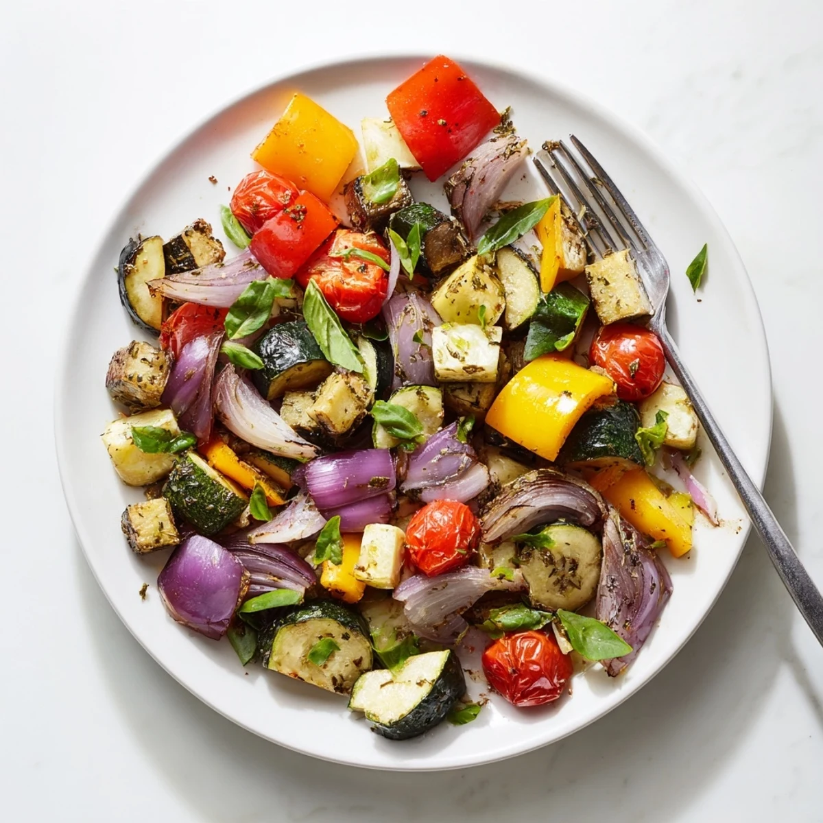 Golden caramelized classic Mediterranean roasted vegetables scattered on a rustic serving platter with fresh basil